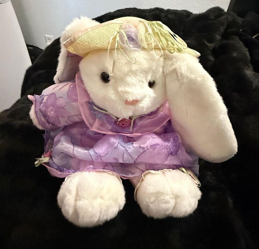 Vintage 1993 Plush Creations Tall White Bunny With Hat And purple Floral Dress